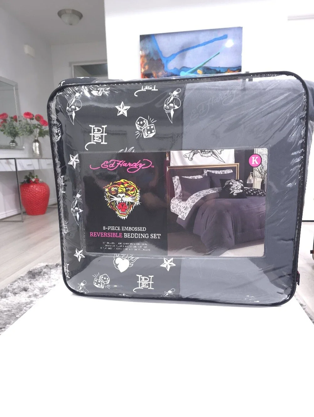 Ed Hardy KING 8-Piece Dice Gray Bedding Comforter Set